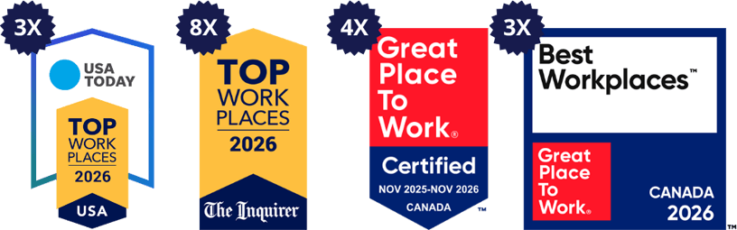 2019-2024 top workplace award presented by the philadelphia inquirer. USA Today Top Workplace 2024. Best Workplaces Canada - Great Place to Work.